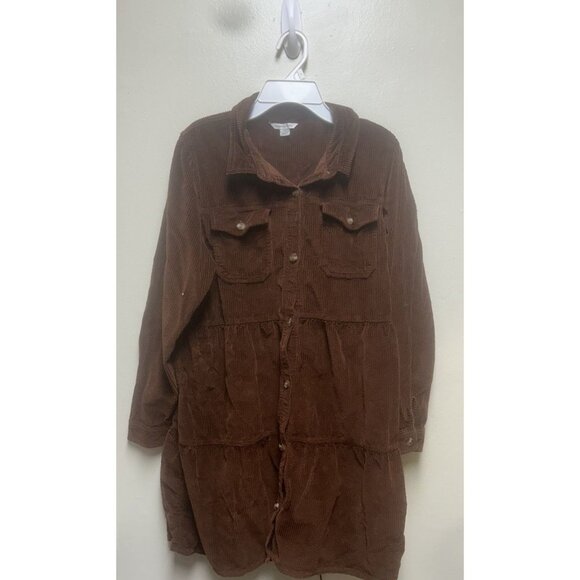 AMERICAN EAGLE WOMEN BROWN CORDUROY BUTTON-UP BABYDOLL SHIRT DRESS Large - Picture 2 of 8